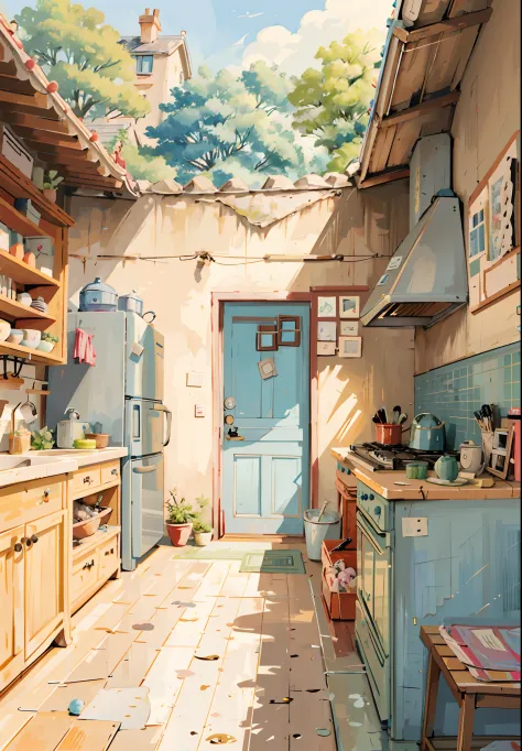 There is a kitchen painting with blue doors, Anime background art, house kitchen on a sunny day, old kitchen backdrop, anime bac...