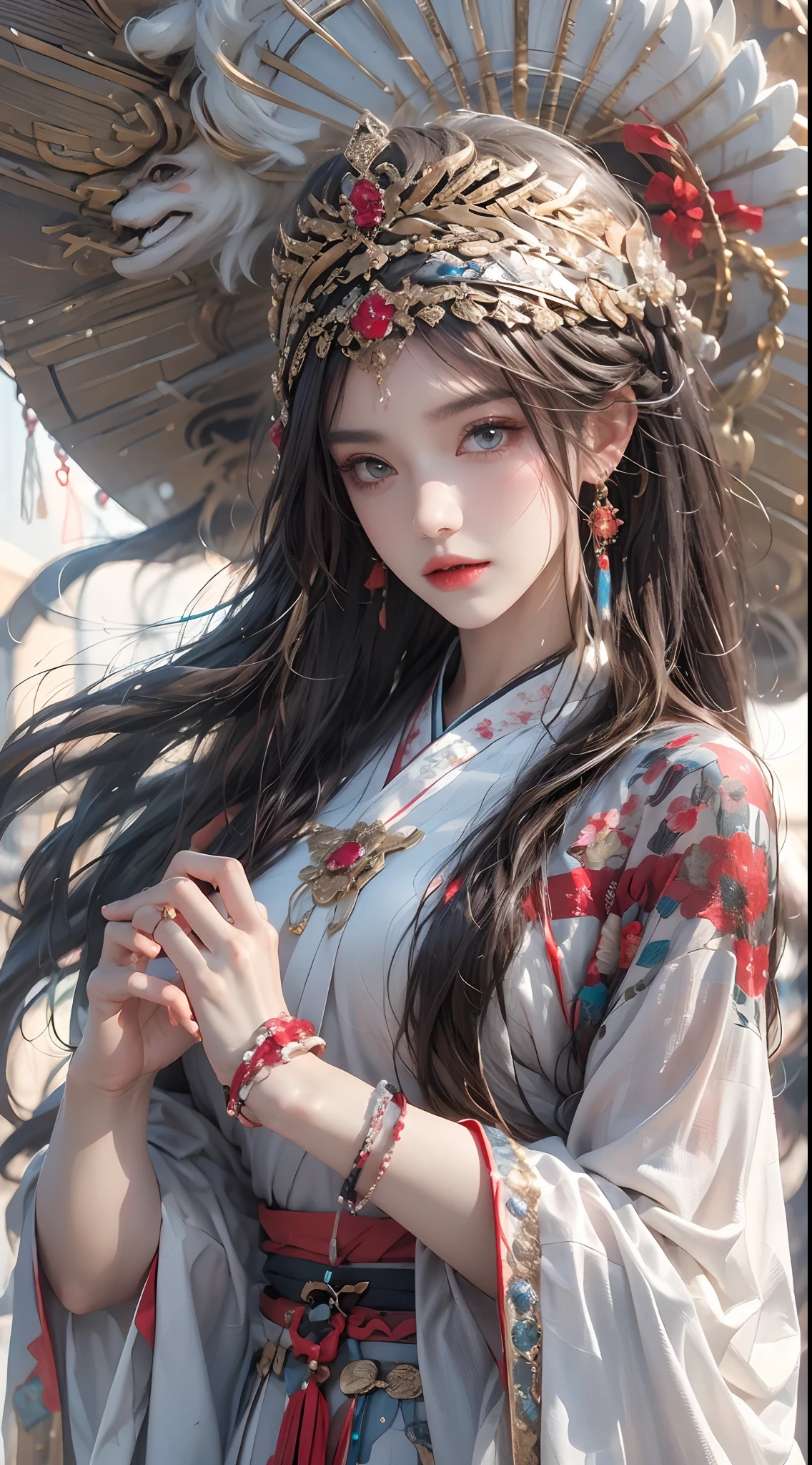Photorealistic, high resolution, 1 woman, hips up, Beautiful eyes, Long hair, ringed eyes, jewelry, tattoo, hanfu, Chinese fairy, taoist uniform