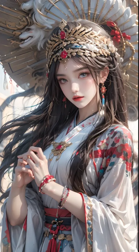 Photorealistic, high resolution, 1 woman, hips up, Beautiful eyes, Long hair, ringed eyes, jewelry, tattoo, hanfu, Chinese fairy...