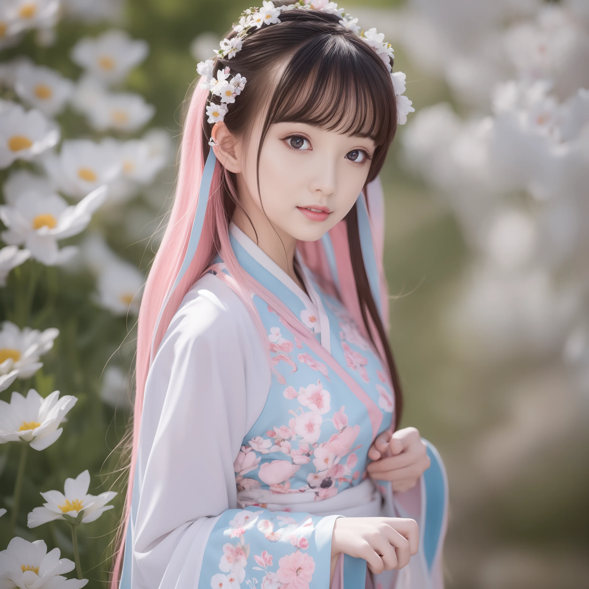 Extremely Detailed CG Unity 8k wallpaper，optimal lighting，super-detailed，best qality，Hi-Res，National style girl，pastel light，beautiful hair，Pink and white Hanfu costume，Open space，white silk，Bright Colors，He smiled，Stand in a sea of flowers