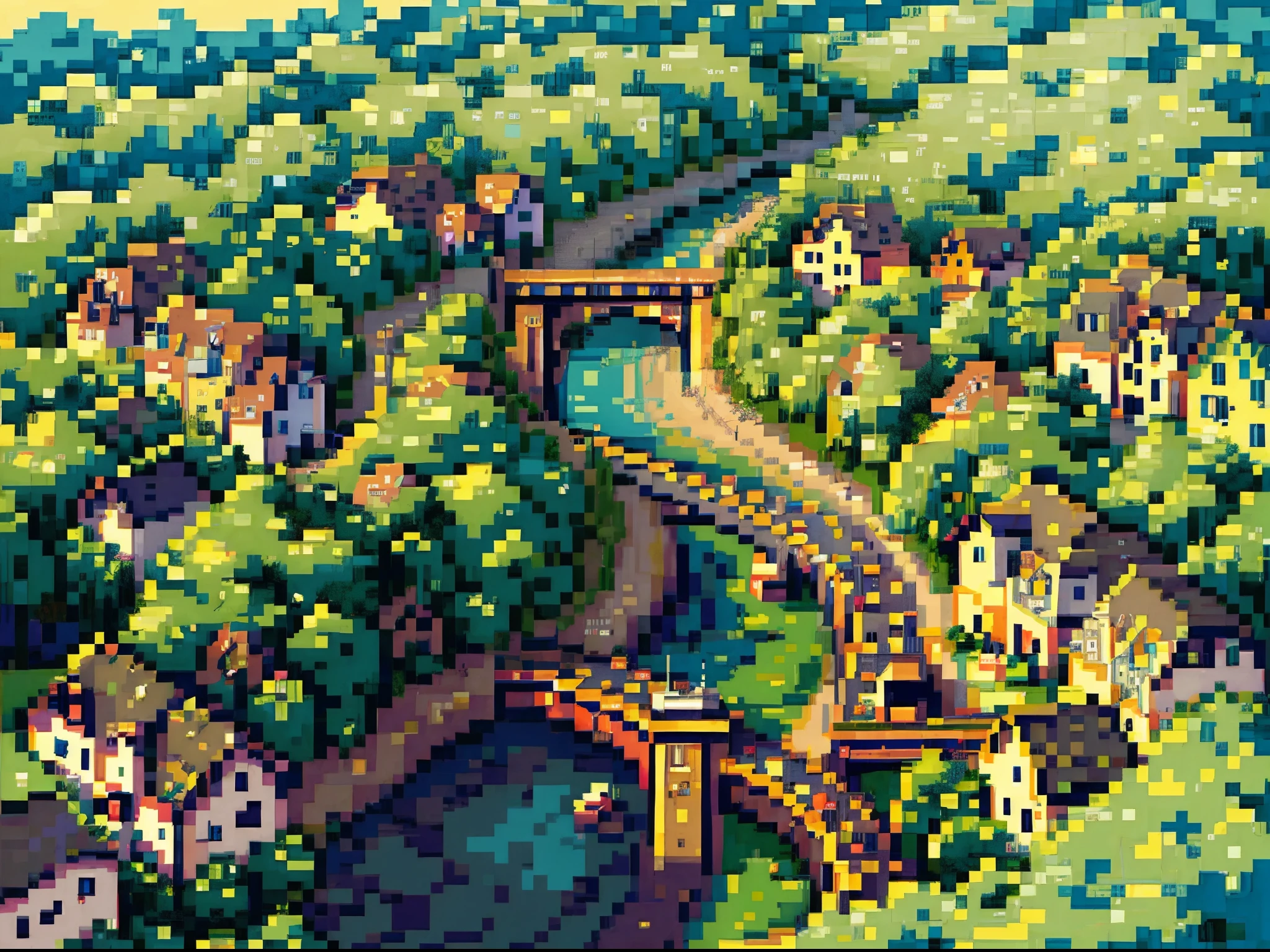 best quality, high-resolution pixel art of a bustling and vibrant town map from the beloved video game "Mother 2". The map showcases intricate details of the town's layout, including winding roads, bridges, and buildings. The art style is reminiscent of classic 16-bit pixel art, with sharp focus and ultra-fine painting techniques. The colors are vivid and eye-catching, with a mix of bright and pastel tones that bring the map to life. The lighting is warm and inviting, with soft sunlight streaming through the trees and casting gentle shadows. The scene is bathed in a nostalgic and whimsical atmosphere, capturing the essence of the game's unique charm. The map features a river flowing through the town, adding a dynamic element to the composition. The cars on the road are carefully detailed, with each pixel capturing the classic design of vintage vehicles. The use of dots and quarter view perspective adds depth and dimension to the map, allowing the viewer to immerse themselves in the vibrant world. Overall, this pixel art masterpiece is a true homage to the iconic game, showcasing the beauty and intricacy of its virtual world.