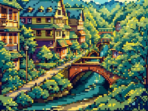 best quality, high-resolution pixel art of a bustling and vibrant town map from the beloved video game "mother 2". the map showc...