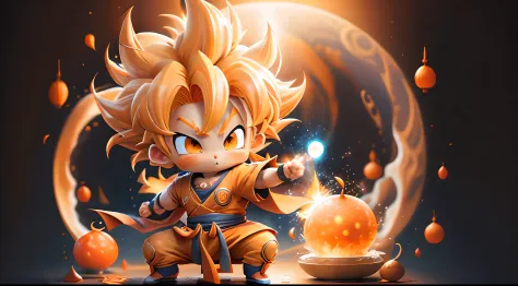 Son Goku, Super Saiyan, Yellow hair, tchibi, Blue shirt, view the viewer, Card background, milky ways, Wearing an orange martial...