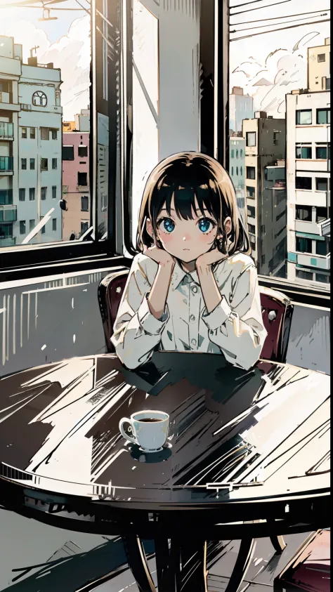 wallpaper, 1girl sitting in a coffe shop, table, window, cute, gorgeous, minimalistic