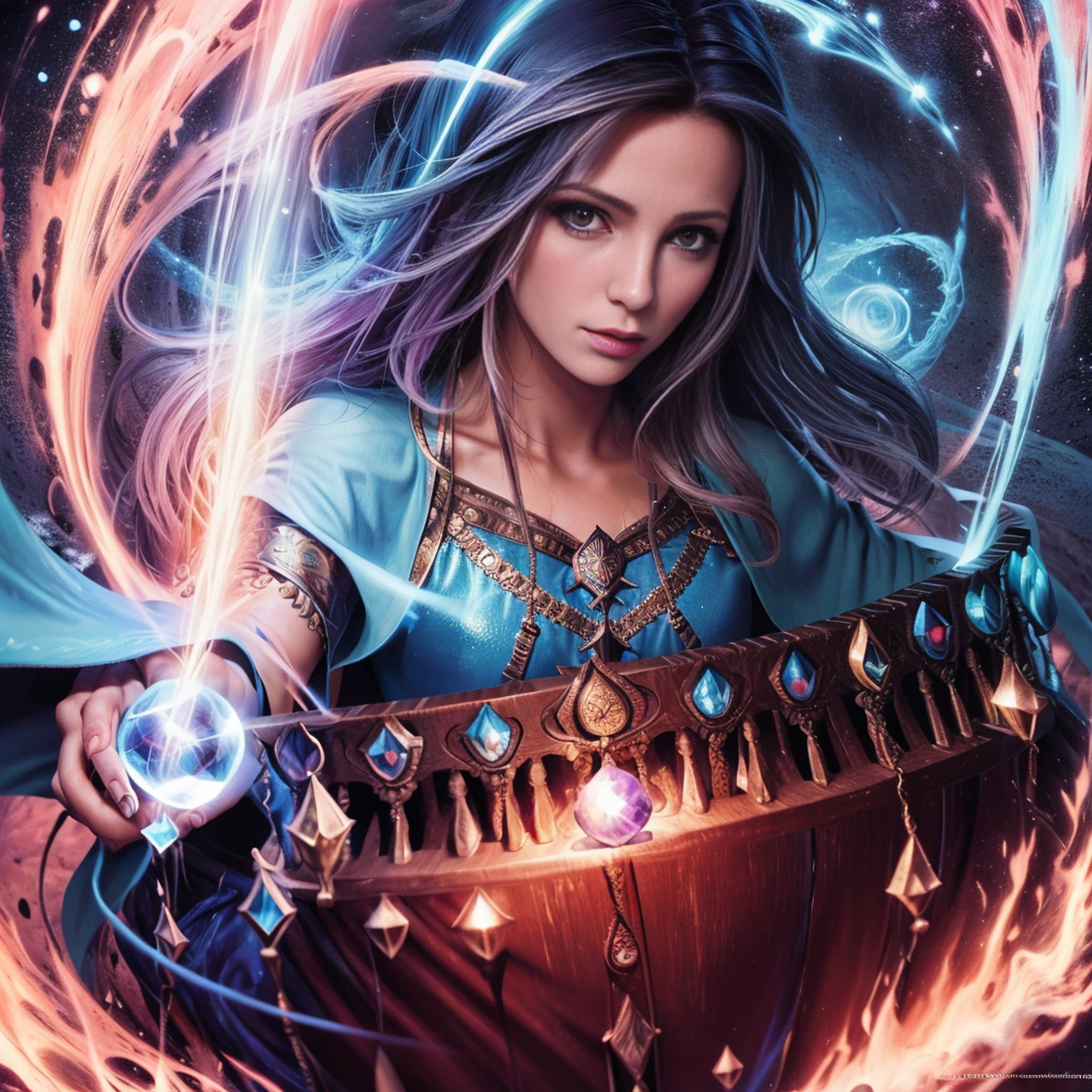 uma mulher com uma capa azul segurando uma bola brilhante, mago feminino, Retrato de um mago feminino, Female mage conjuring a spell, mago feminino!, Epic Character Wizard Girl, Arte do Jogo de Cartas de Fantasia, mago, Graphic artist Magali Villeneuve, Retrato de um Mago, feiticeira, mago da fantasia, feiticeira bonita, uma bela feiticeira