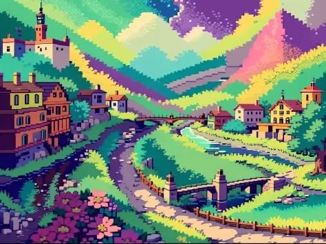 best quality, high-resolution pixel art of a bustling and vibrant town map from the beloved video game "Mother 2". The map showc...