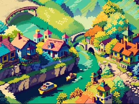 best quality, high-resolution pixel art of a bustling and vibrant town map from the beloved video game "Mother 2". The map showc...