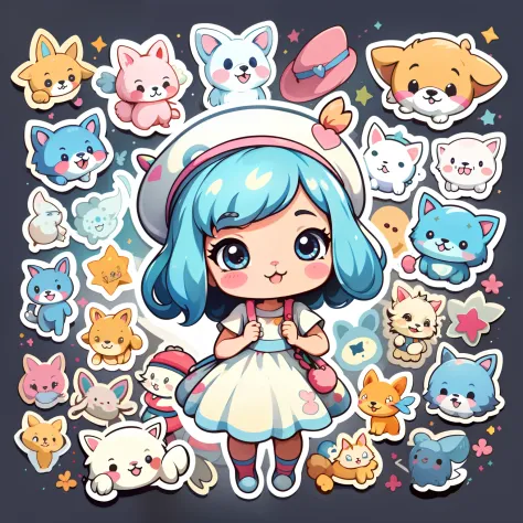 a sticker，1girll，adolable，kawaii，adolable，Chibi simple background，Wear a beautiful dress，With a hat，Leading a cute puppy