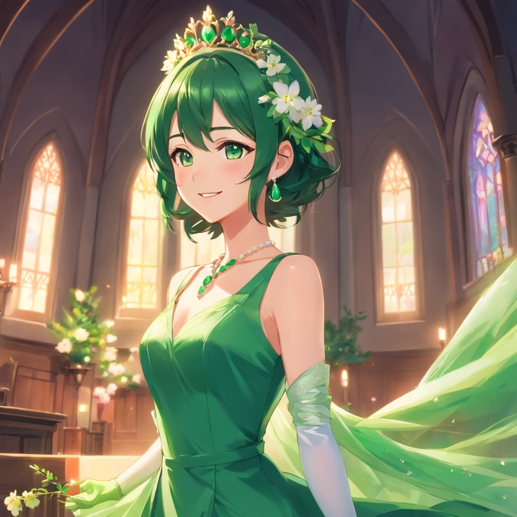 Green Dress Flower Cleanser，Sense of atmosphere, best qualtiy，tmasterpiece，1girll，30-years old，Green dress，Daytime Church，full body Esbian, Green gloves，Very short hair like a man，big breasts beautiful，looking at viewert，ssmile，Green Bridal Veil，Green Long Grove，Satin green long gloves,　lipsticks, Pearl Necklace、Green gloves,emerald tiara, A Japanese Lady, Look forward, Emerald earrings