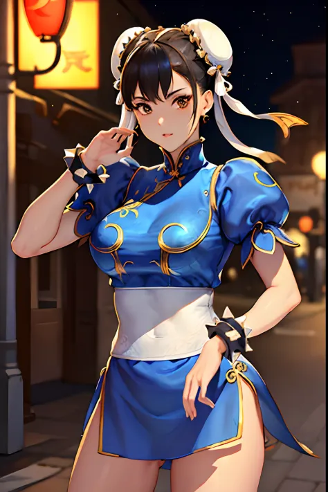 ((​masterpiece、best qualified))、1girl in、独奏、ChunLi、The upper part of the body、Beautiful night street background,Hands behind you...