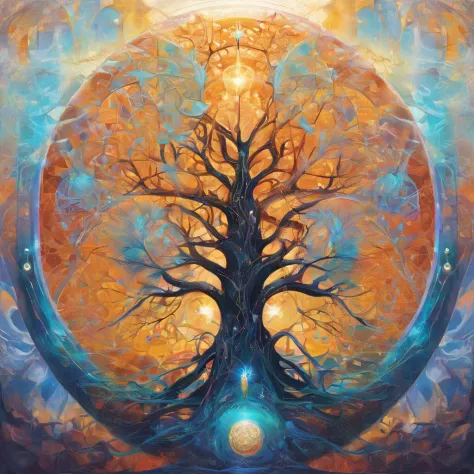 Beautiful symmetrical full body photo painted in oil with thick brushstrokes and wet paint, Fibonacci, golden ratio, melted wax, visible brushstrokes, surrounded by crystal spheres, 3D tessellation wireframe, neural graphic, neurons, tree of life, color, l...