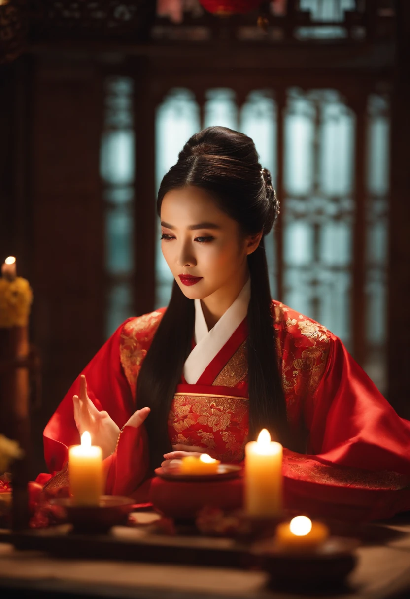 1womanl, 20yr old，((Chinese female celebrity))，The lens is shot from top to bottom，Chinese costumes，Gorgeous，the night，Ancient Chinese architecture，Chinese elements，Wooden dining table，((Mid-Autumn Mooncakes))，candlestick，Candle，lantern，