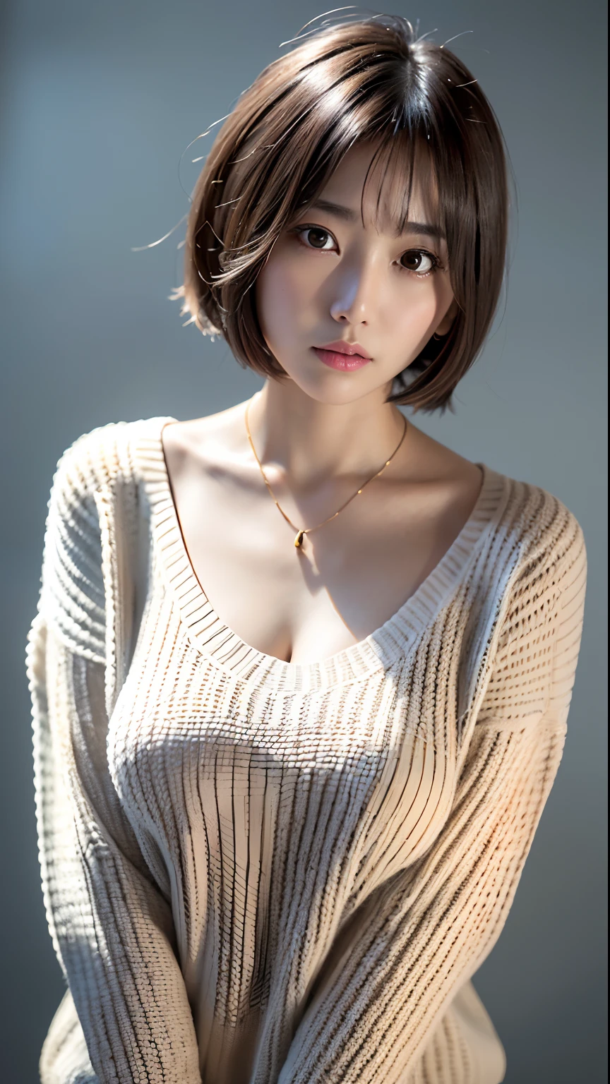 A woman with a short hair wearing a sweater and a necklace - SeaArt AI