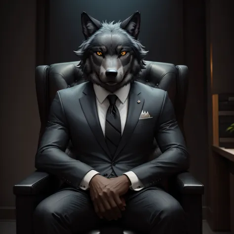 symmetric portrait, black Male wolf-headed (gray wolf) man in suit, sitting in a business manager chair