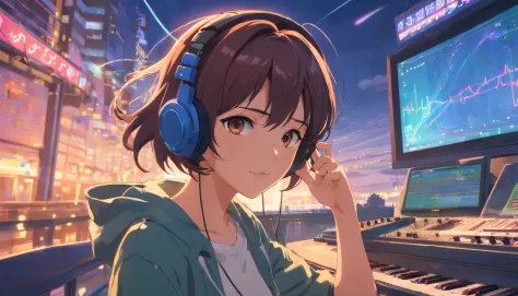 Girl listening to music with a headset,ela usa roupas americanas, chuva na janela. wallpaper