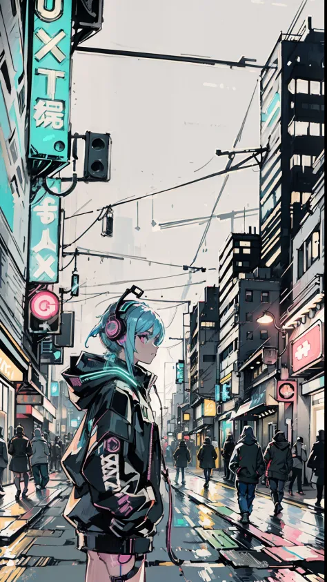 a girl with headphones at night in, cyberpunk city, neon lights,neon, fog, sketch, stylized, artistic