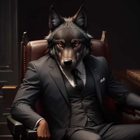 symmetric portrait, black Male wolf-headed (gray wolf) man in suit, sitting in a business manager chair