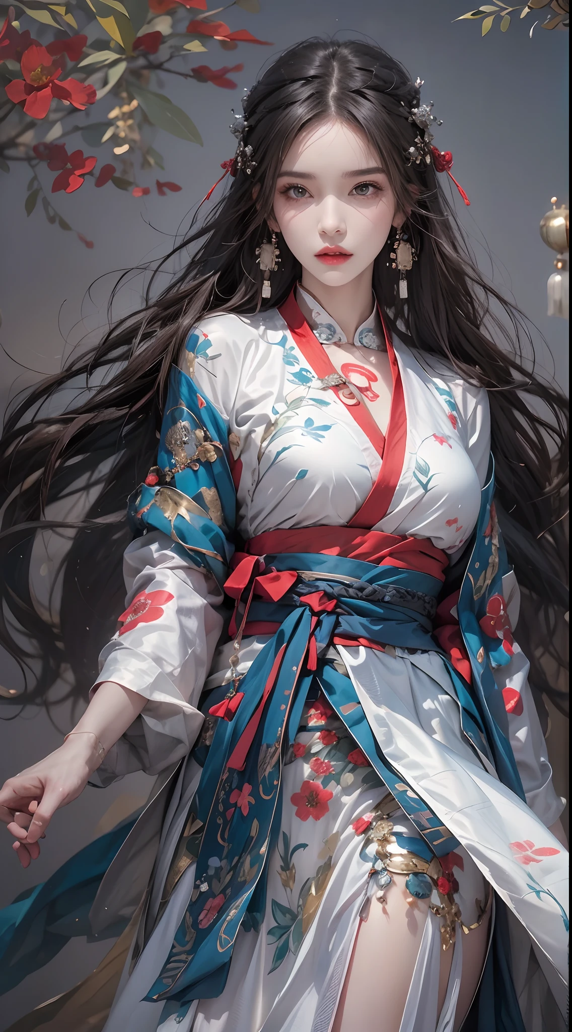 Photorealistic, high resolution, 1 woman, hips up, Beautiful eyes, Long hair, ringed eyes, jewelry, tattoo, hanfu, Chinese fairy, taoist uniform