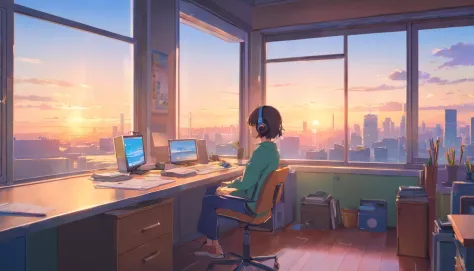 portlate、512、lo-fi、Girl in headphones sitting on a chair、Napping at your desk、Eyes closed、City view outside the window、early evening、PastelColors、Painting