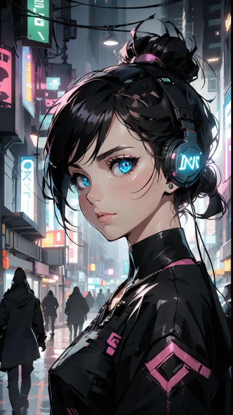 a girl with headphones at night in, cyberpunk city, neon lights,neon, fog, sketch, stylized, artistic ,cinematic, expressive eyes, cute, perfect face