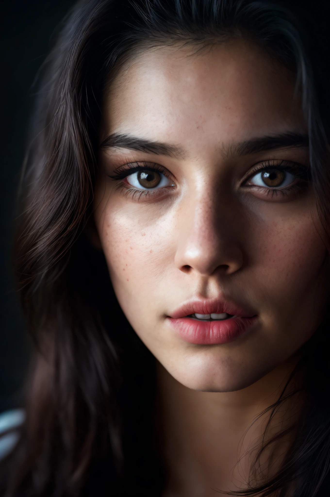 (close-up, editorial photograph of a 21 year old woman), (highly detailed face:1.4) (smile:0.7) (background inside dark, moody, private study:1.3) POV, by lee jeffries, nikon d850, film stock photograph ,4 kodak portra 400 ,camera f1.6 lens ,rich colors ,hyper realistic ,lifelike texture, dramatic lighting , cinestill 800,