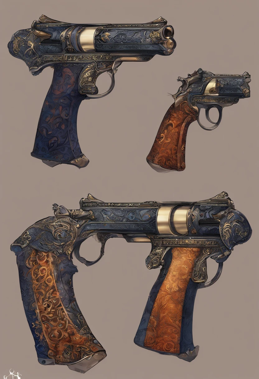 A set of three different pistols with ornate designs on them - SeaArt AI