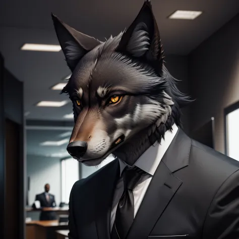 symmetric portrait, black Male wolf-headed (gray wolf) man in suit, standing in a business office