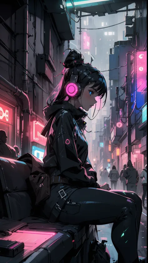a girl with headphones sitting on top of a building,night, cyberpunk city, neon lights,neon, fog, sketch, stylized, artistic ,cinematic, cute,