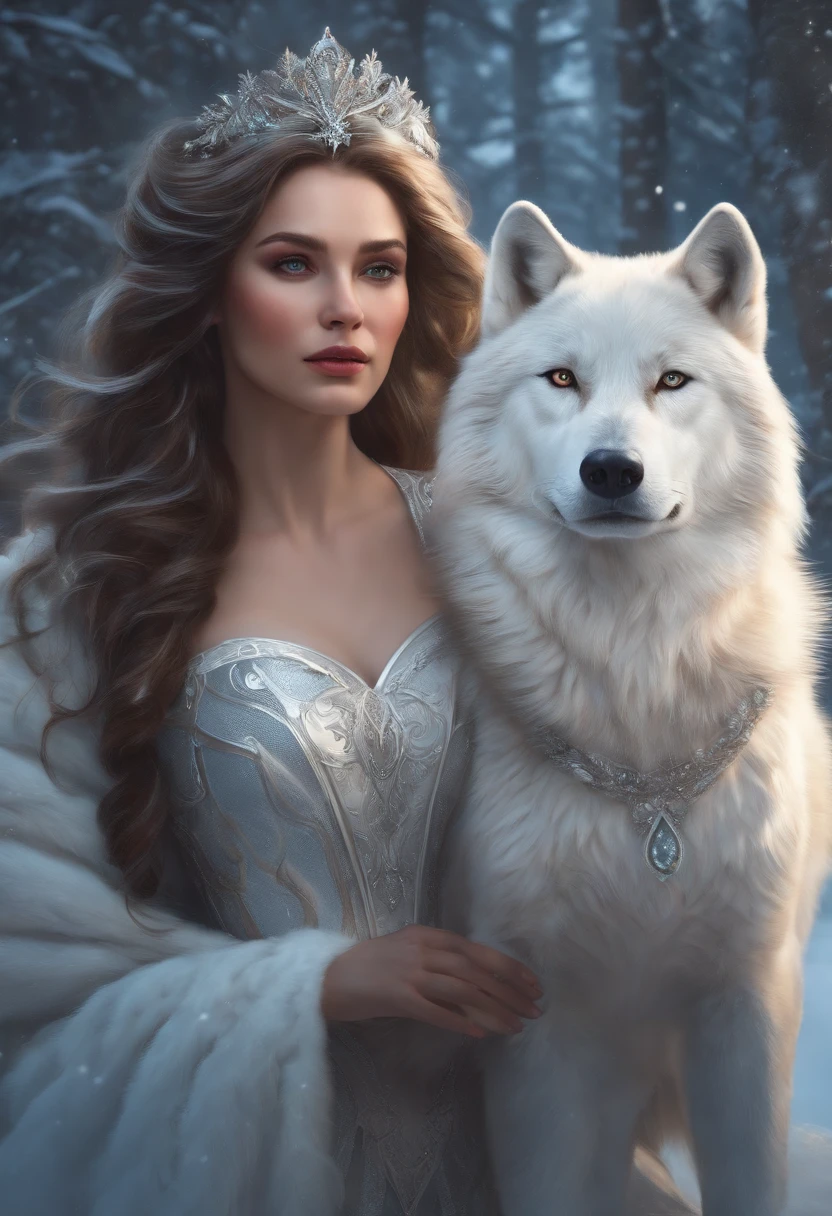 A woman in a white dress holding a white wolf in a snowy forest - SeaArt AI