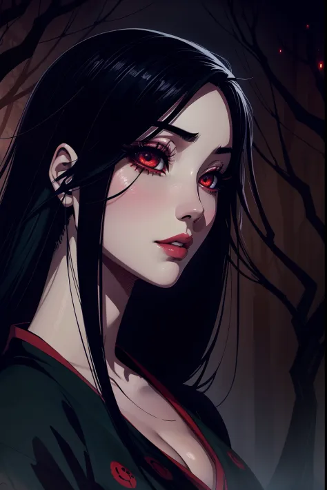 Jigoku Shoujo a dark and mysterious garden, beautiful detailed eyes, beautiful detailed lips, extremely detailed face, long eyelashes. Illustration, high quality, ultra-detailed, realistic, vibrant colors, dark and eerie atmosphere, surreal lighting.