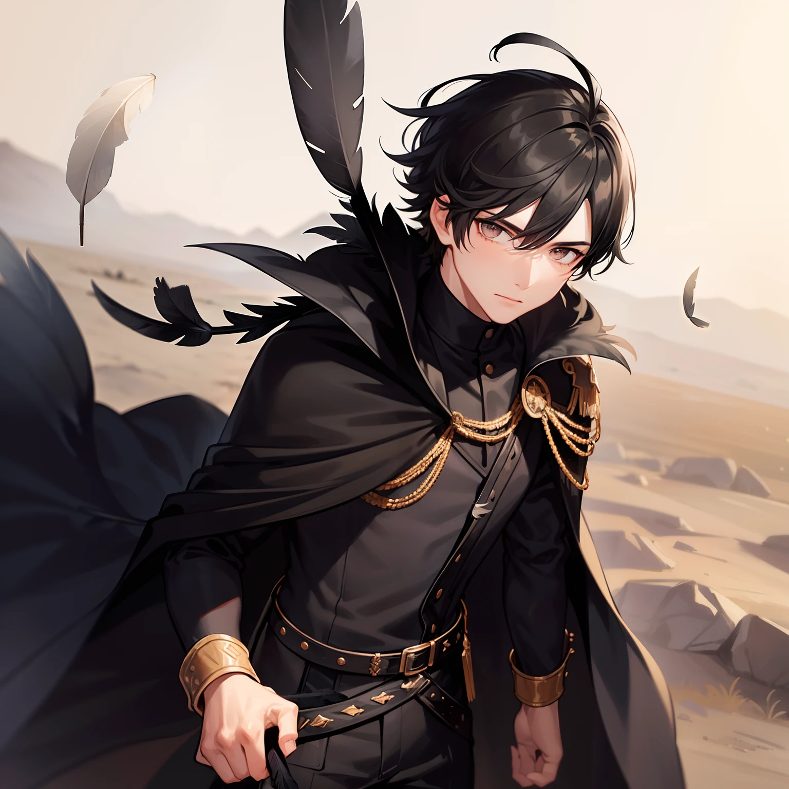 Young man, black hair, gray eyes, ((black old clothes)), (((feather cape))), (collars), solo, in a desert, looking at the viewer,cowboy shot, masterpiece