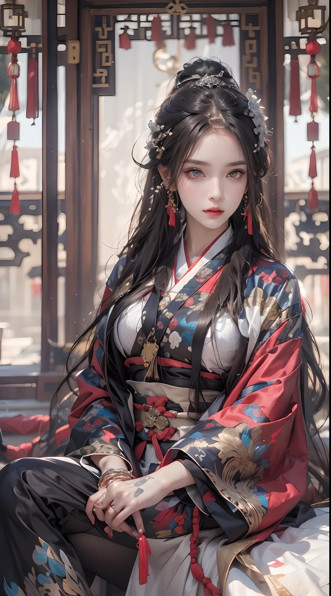 Photorealistic, high resolution, 1 woman, hips up, Beautiful eyes, Long hair, ringed eyes, jewelry, tattoo, hanfu, Chinese fairy, taoist uniform, kneeling