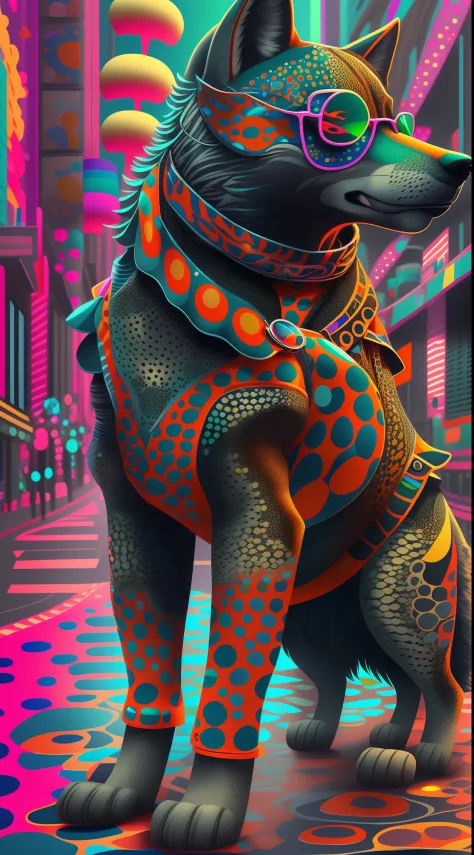 (1 wolf dog （anthropomorphic turtle））wearing a choker，with tattoos, sunglasses, Black leather jacket,Stand in the middle of an empty city, (((full bodyesbian))), concept-art, trending on artstationh, Hyperrealistic, Vivid colors, rim-light, Extremely detai...