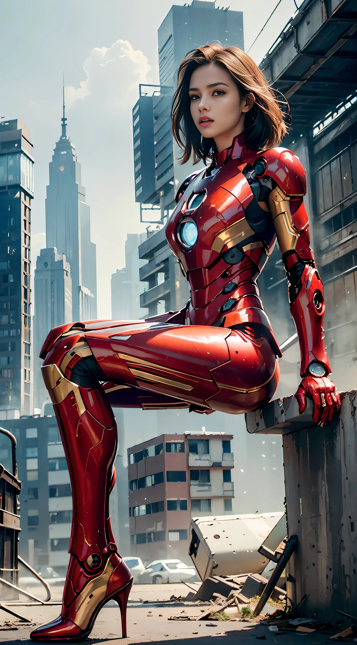 avengers woman in red and gold suit posing on a ledge, inspired by ...