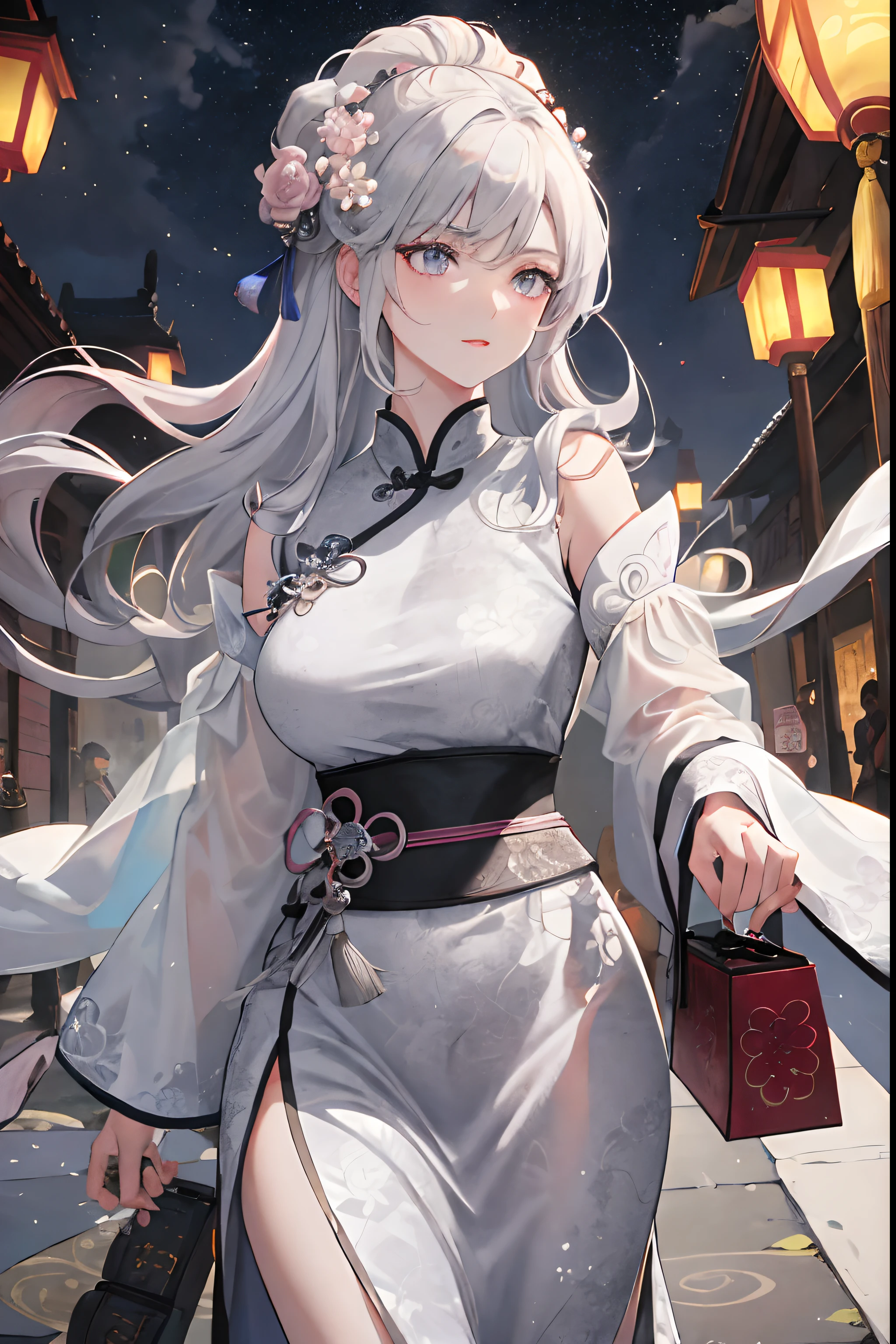 Masterpiece, Best Quality, Night, Full Moon, 1 Girl, Mature Woman, Chinese Style, Ancient China, Sisters, Royal Sisters, Cold Expressions, Faceless, Silver White Long haired Woman, Light Pink Lips, Calm, Intellectual, Three Belts, Gray Pupils, Assassin, Flower Lantern, Carrying Lanterns, Flower Ball Background, Strolling on the Street Landscape