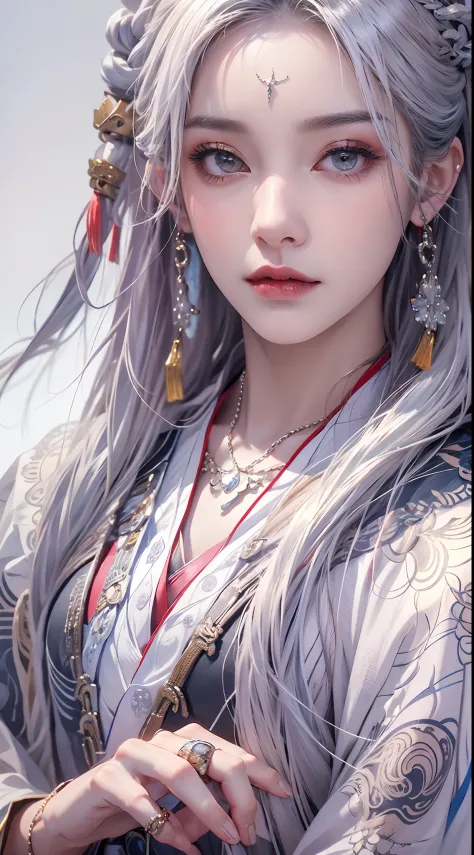 Photorealistic, high resolution, 1 woman, hips up, Beautiful eyes, Long hair, ringed eyes, jewelry, tattoo, hanfu, Chinese gener...