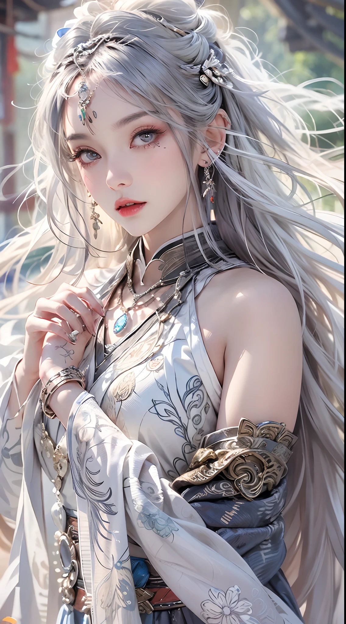 Photorealistic, high resolution, 1 woman, hips up, Beautiful eyes, Long hair, ringed eyes, jewelry, tattoo, hanfu, Chinese general, white hair