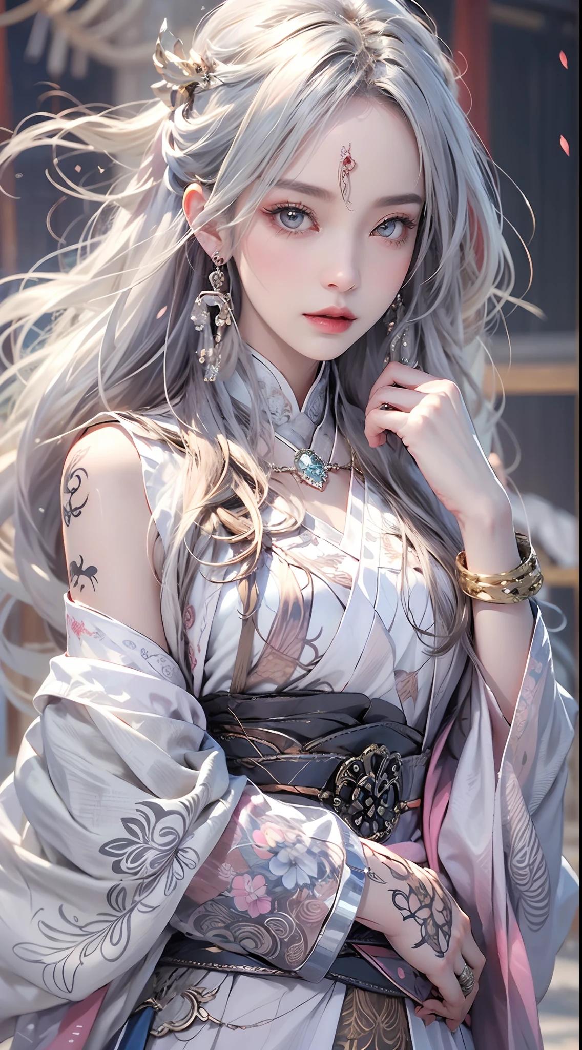 Photorealistic, high resolution, 1 woman, hips up, Beautiful eyes, Long hair, ringed eyes, jewelry, tattoo, hanfu, Chinese general, white hair