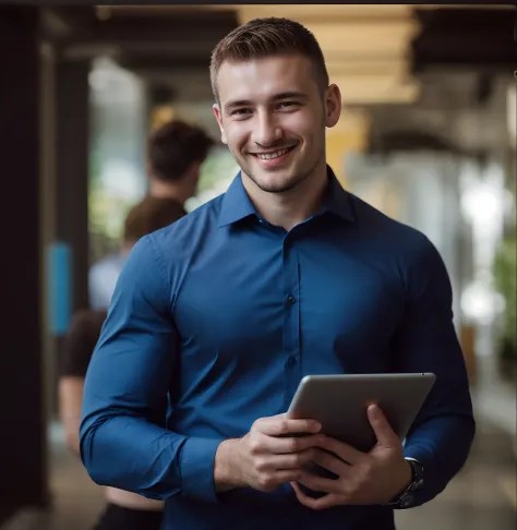 smiling man in blue shirt holding a tablet computer in a hallway, smiling male, on a dark background, a photo of a man, advanced technology, strong features, photo of a man, well lit professional photo, maxim shirkov, it specialist, smiling man, man in his...