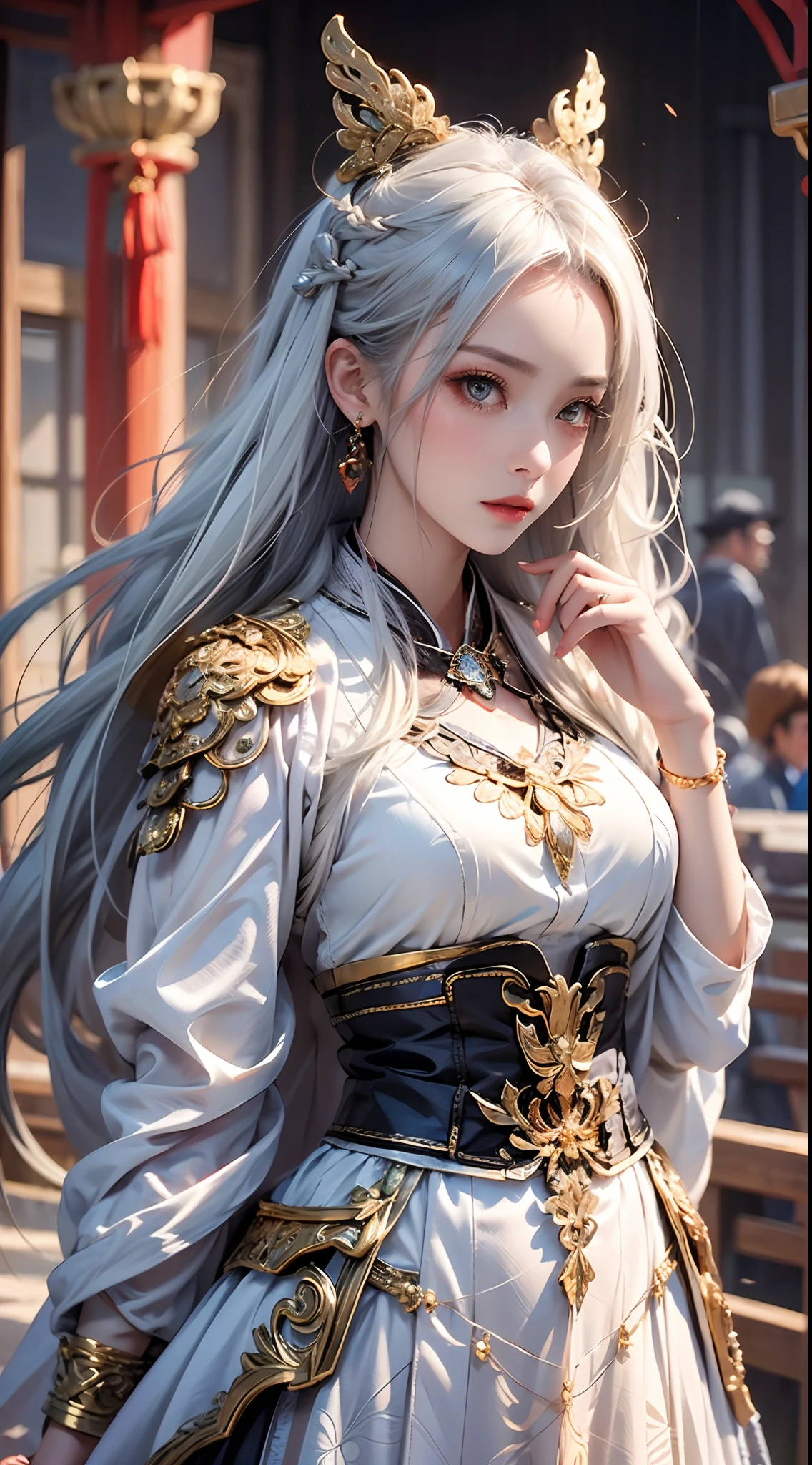 Photorealistic, high resolution, 1 woman, hips up, Beautiful eyes, Long hair, ringed eyes, jewelry, tattoo, hanfu, Chinese general, white hair