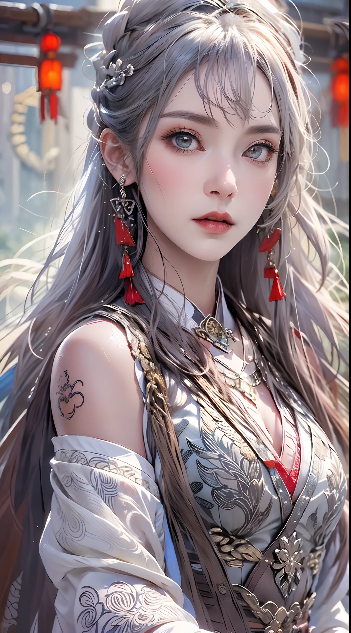 Photorealistic, high resolution, 1 woman, hips up, Beautiful eyes, Long hair, ringed eyes, jewelry, tattoo, hanfu, Chinese general, white hair