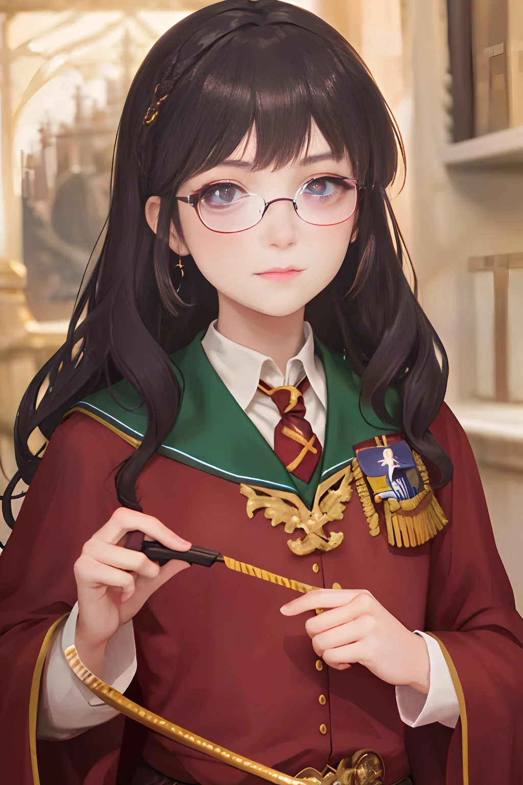 a girl in a gryffindor costume, magical school student uniform, gryffindor style, wearing hogwarts, inspired by Hermione, magic school uniform, hogwarts style,portrait, anime girl cosplay, she wears glasses, in hogwarts, anime cosplay, cosplay,Blunt Bangs,long wavy dark blue hair, purple eyes,