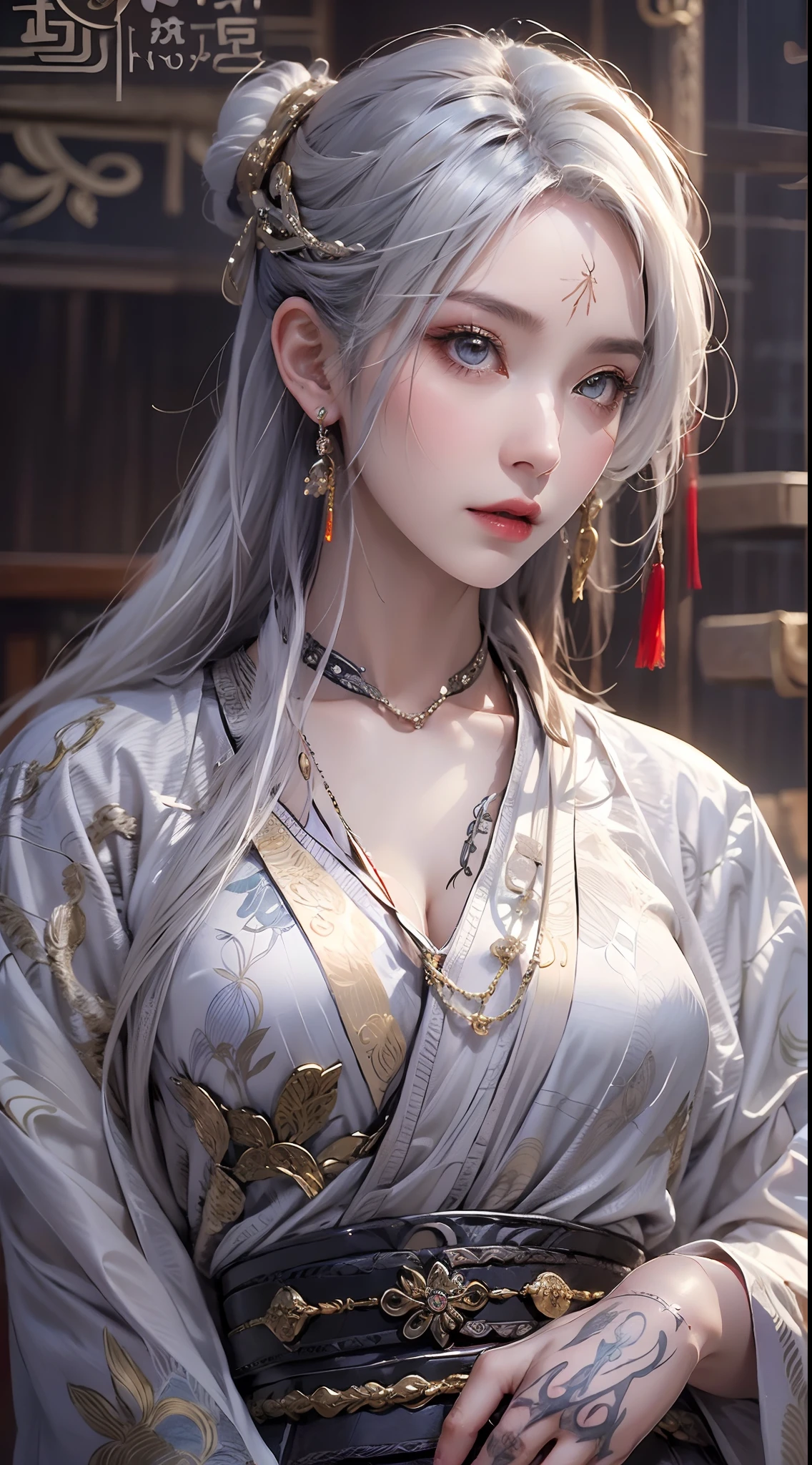 Photorealistic, high resolution, 1 woman, hips up, hips up, Beautiful eyes, Long hair, ringed eyes, jewelry, tattoo, hanfu, Chinese general, white hair