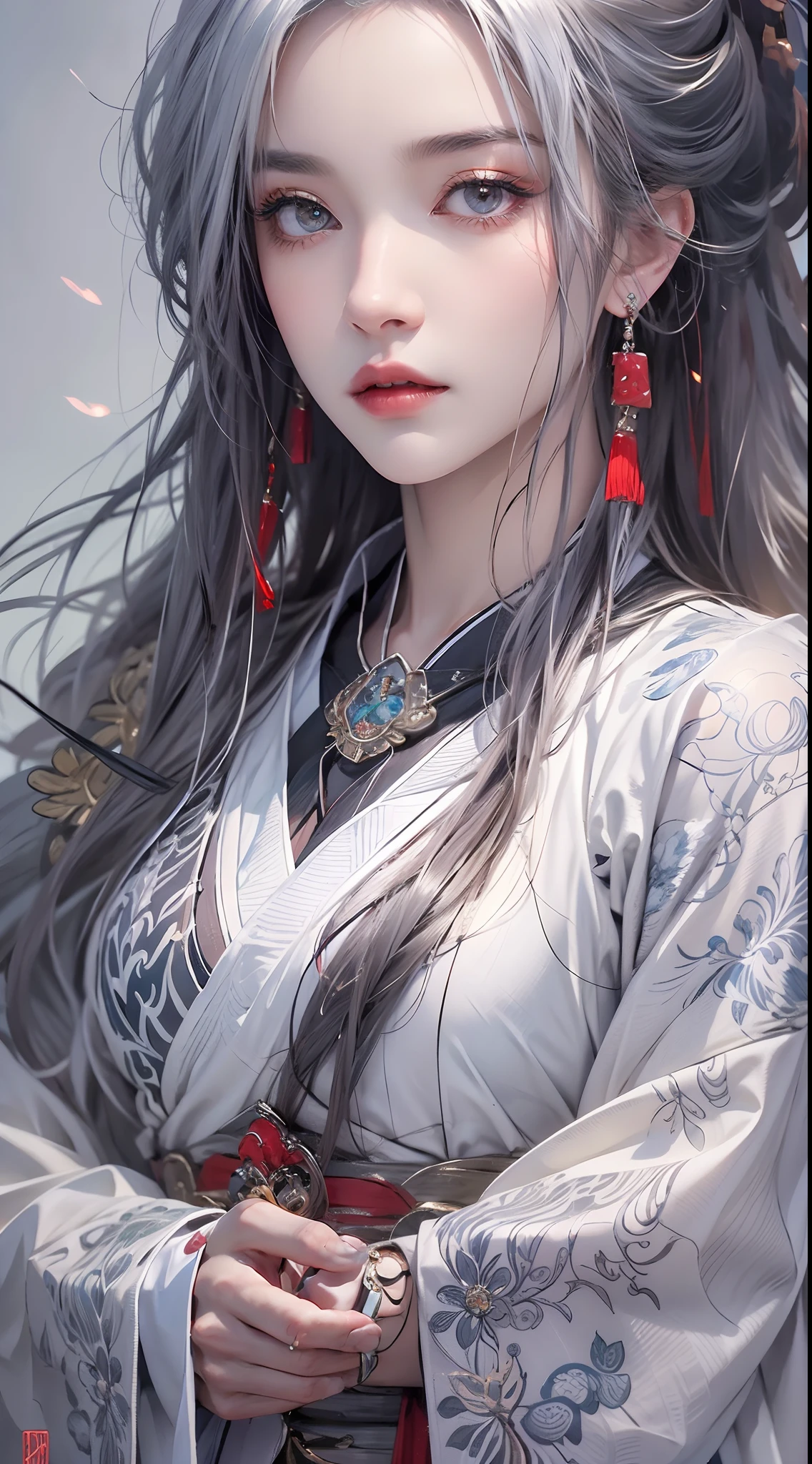 Photorealistic, high resolution, 1 woman, hips up, hips up, Beautiful eyes, Long hair, ringed eyes, jewelry, tattoo, hanfu, Chinese general, white hair