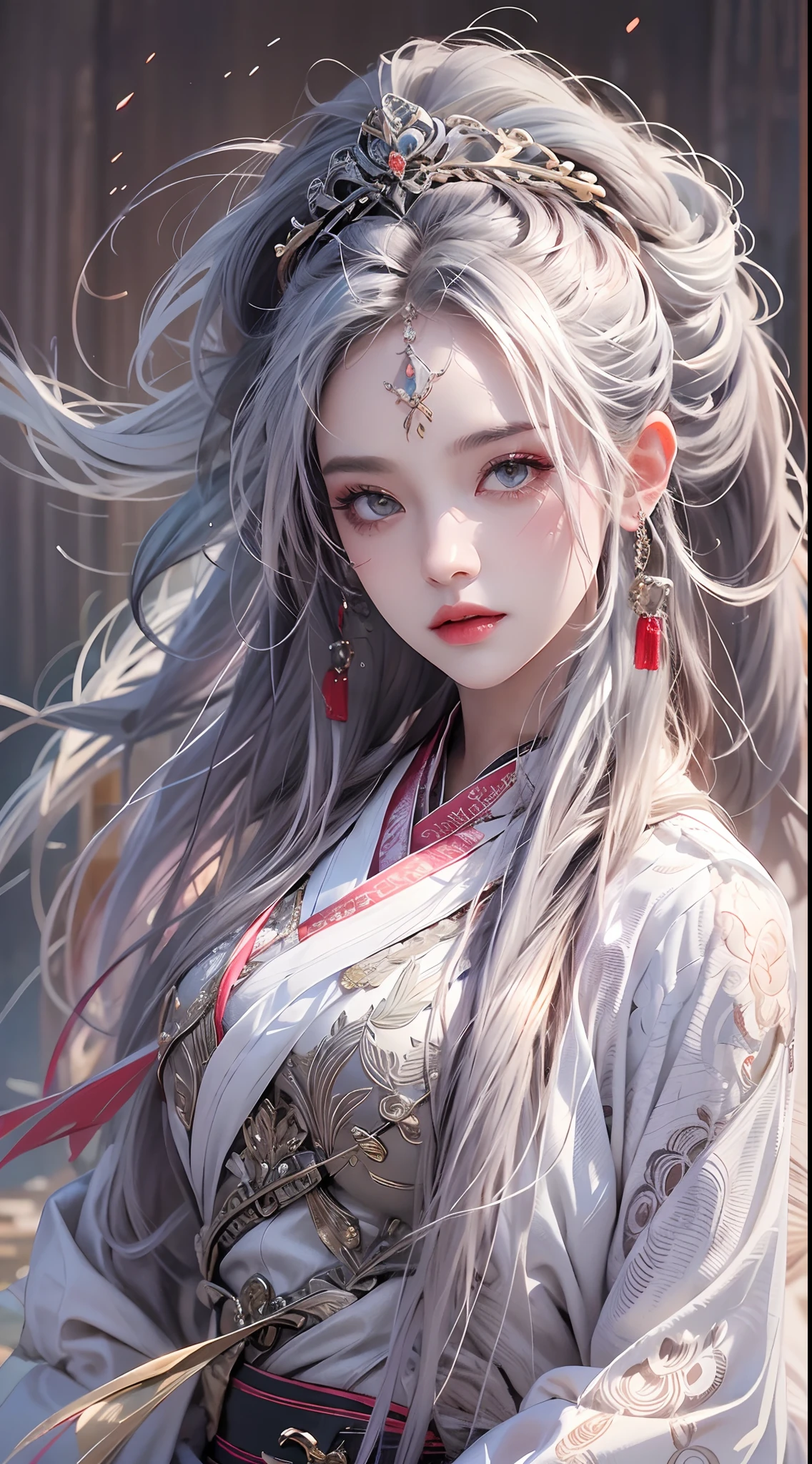 Photorealistic, high resolution, 1 woman, hips up, hips up, Beautiful eyes, Long hair, ringed eyes, jewelry, tattoo, hanfu, Chinese general, white hair