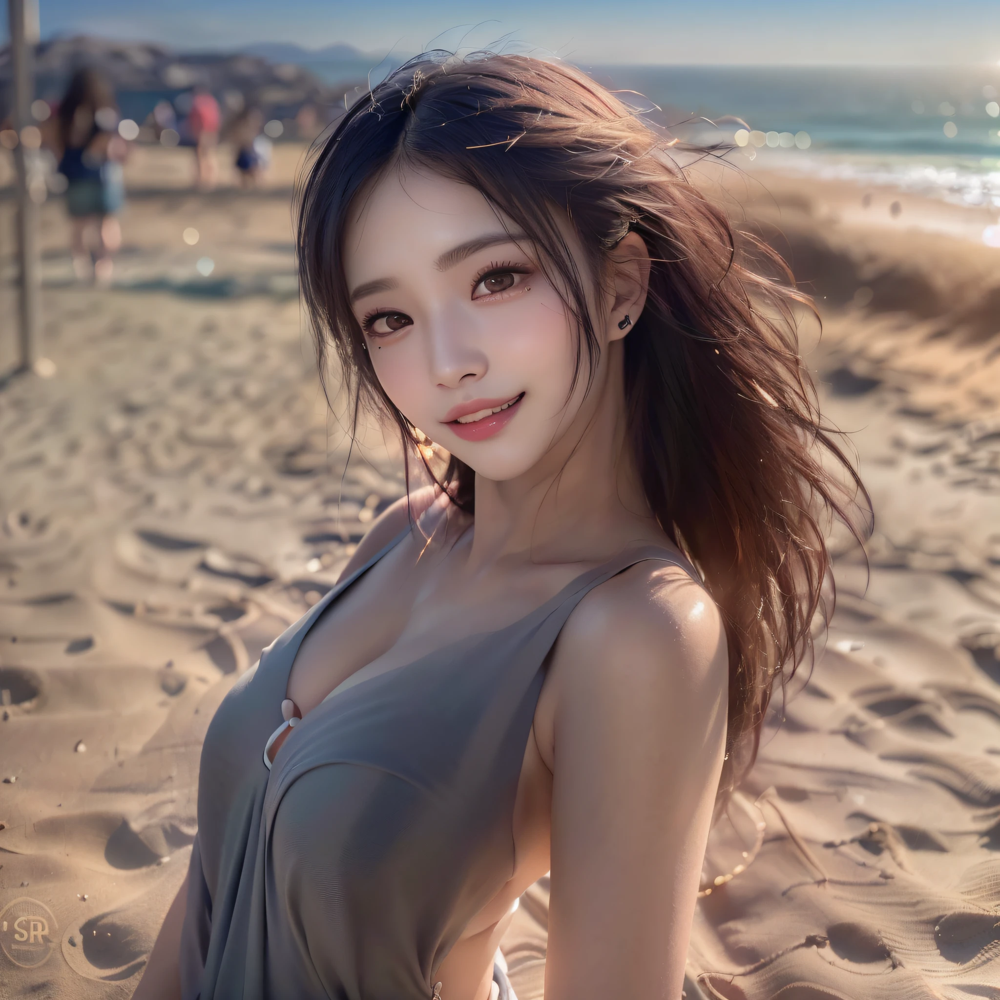 ((8k, RAW photos, top quality, masterpieces), high-definition RAW color photos, (realistic, photorealism:1.3), (highest quality), (best shadows), (best illustrations), (1girl:1.1), ((ultra high resolution, high-definition CG unified 8K wallpapers, physically based rendering, movie lighting), 18 years old girl, (Salopette), beautiful detail eyes, light on the face, ((close up face:1.2)), especially strong light, (upper eyes, grinning smile:1.2), shiny skin, (black hair, semi-long hair:1.2), (good anatomy:1.2), ((On the beach:1.2)), perfect face, cute face, (high angle shot:1.2), (Show cleavage), perfect body, make up