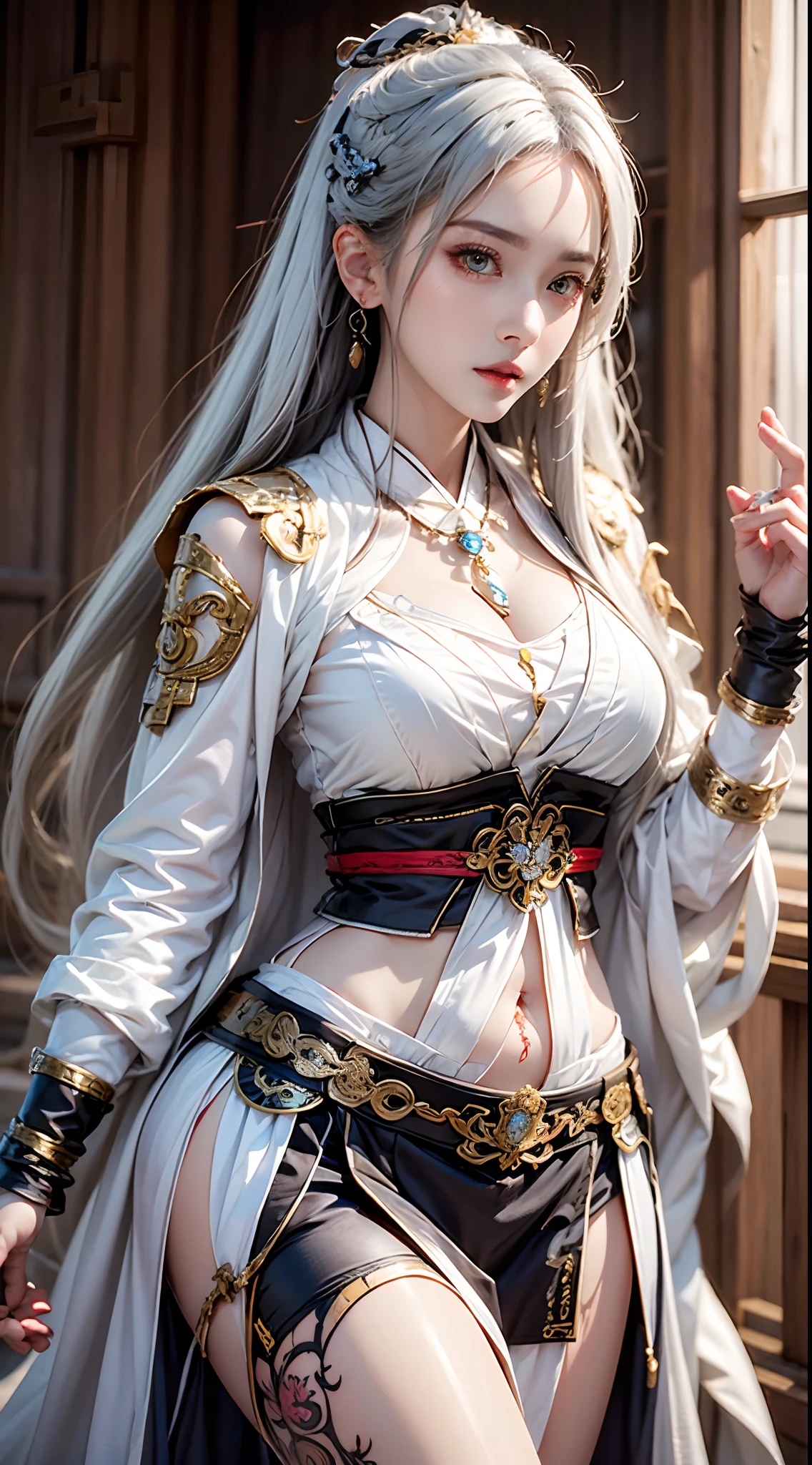 Photorealistic, high resolution, 1 woman, hips up, Beautiful eyes, Long hair, ringed eyes, jewelry, tattoo, hanfu, Chinese general, white hair