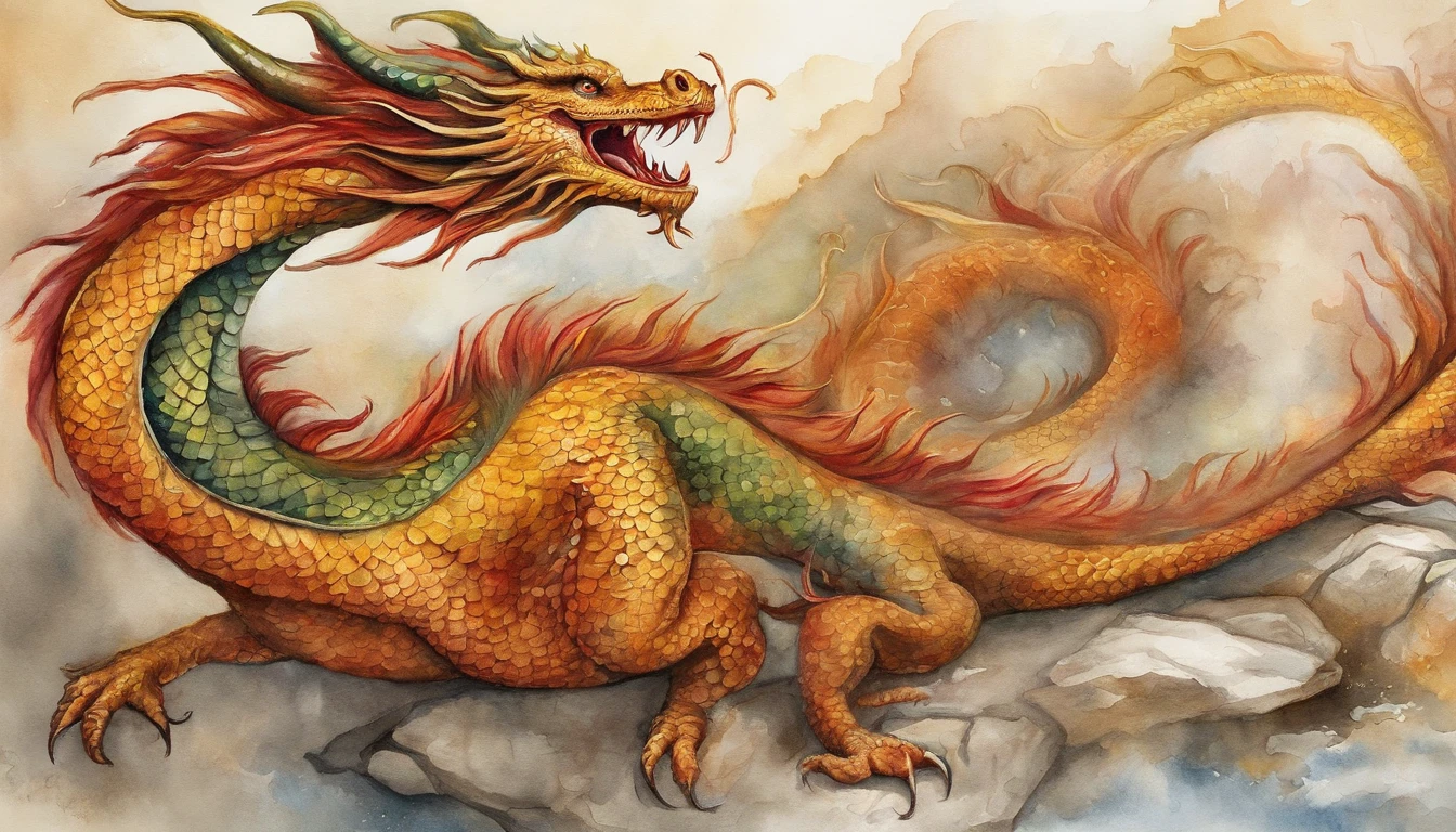 Крупный план дракона с длинным и красным хвостом., гладкий китайский дракон,  , Величественный китайский дракон, Золотой дракон - SeaArt AI