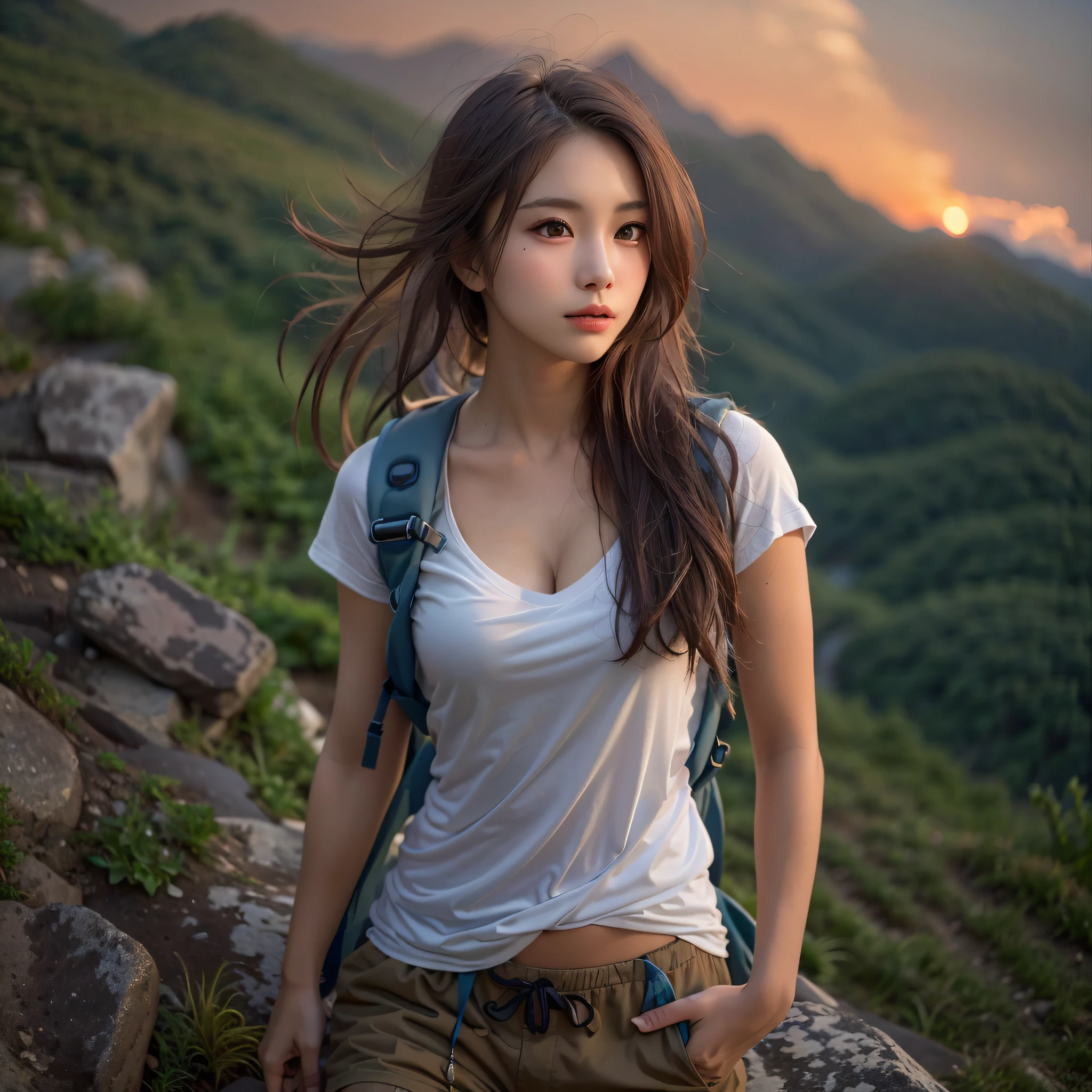 (Naturescape photography), (best quality), masterpiece:1.2, ultra high res, photorealistic:1.4, RAW photo, (Magnificent mountain, sea of clouds), (On a very high mountain peak), (sunset), (wideangle shot),  (Show cleavage:0.8),
(1girl), (Photo from the knee up:1.3), (18 years old), (smile:0.9), (shiny skin), (semi-long hair, dark brown hair), 
(Large white V-neck T-shirt, Trekking shorts), (Carrying a large backpack), 
(ultra detailed face), (ultra Beautiful fece), (ultra detailed eyes), (ultra detailed nose), (ultra detailed mouth), (ultra detailed arms), (ultra detailed body), pan focus, looking at the audience, (Show cleavage)