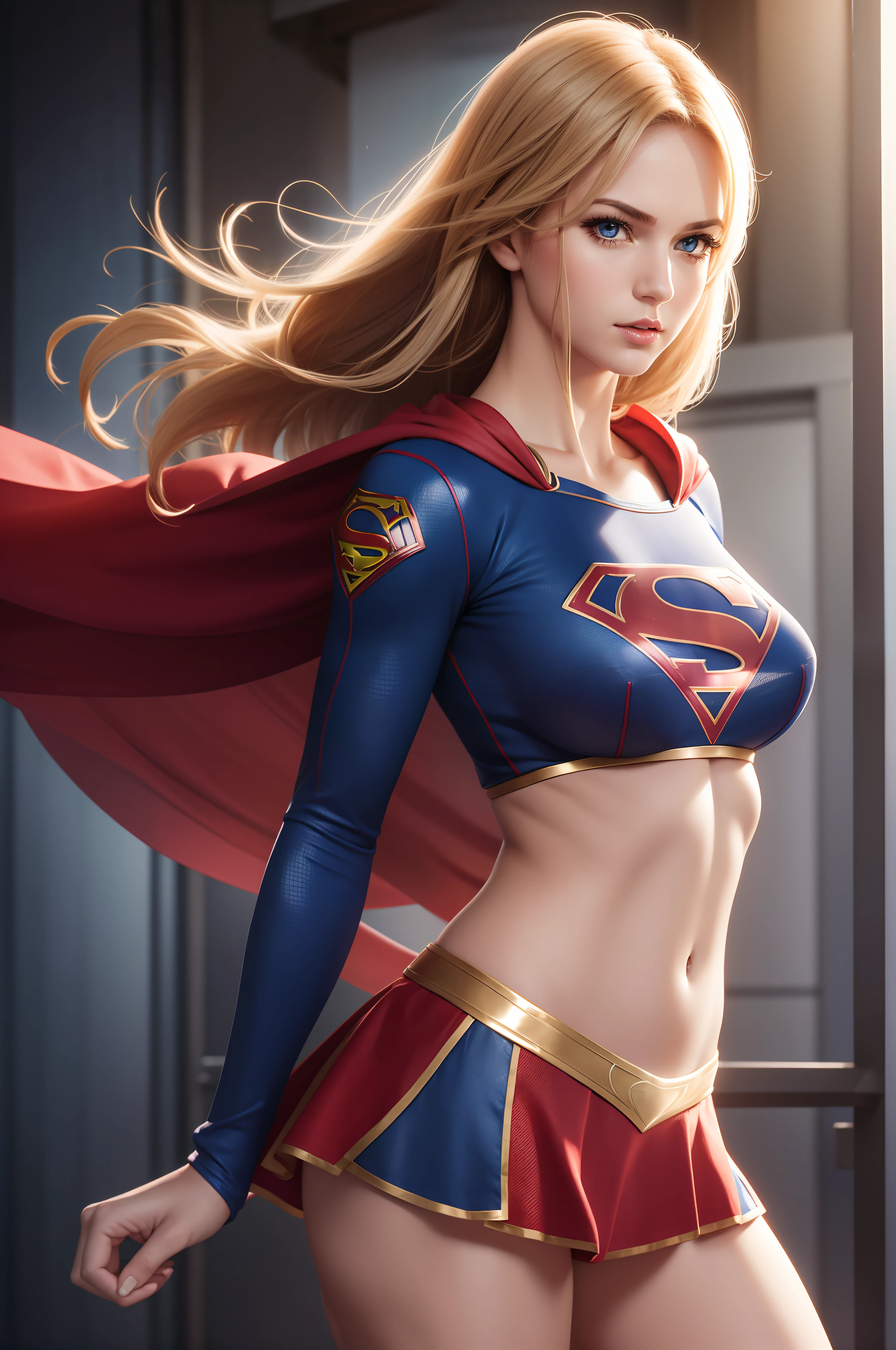 sexy Supergirl im Zwerchfellkostüm, Seitenansicht,  sportlicher und fitter Körper, frech, nuttig, perfekte Hände, detaillierte Hände, perfekte Augen, detaillierte Augen,  kokett, sexy, frech, posiert, Hände und Arme an den Seiten, große kecken , Realistisch, HDR, UHD, dynamisch